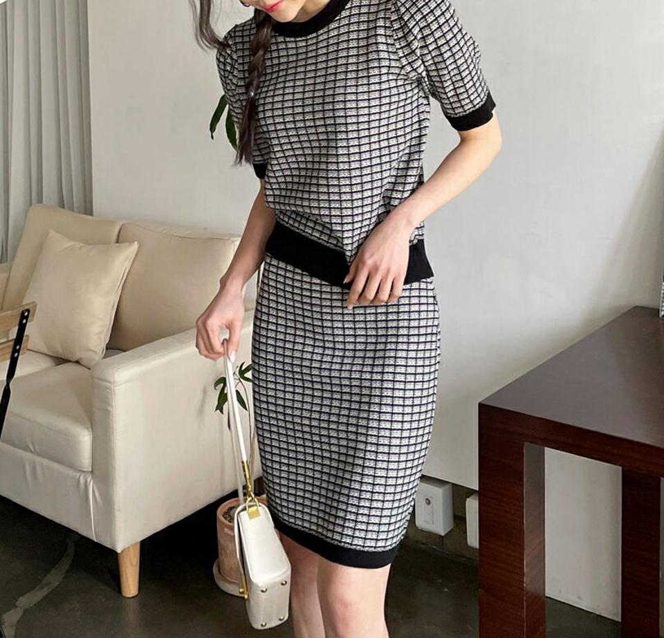 ツイード調半袖ニット&スカートSET・全4色・t64950 レディース 【ops】 韓国 ファッション ワンピース ミディ ミディワンピース 半袖 ツイード セットアップ ラウンドネック ハーフスリーブ ニットセット 体型カバー 細身 スリム カジュアル 春 夏