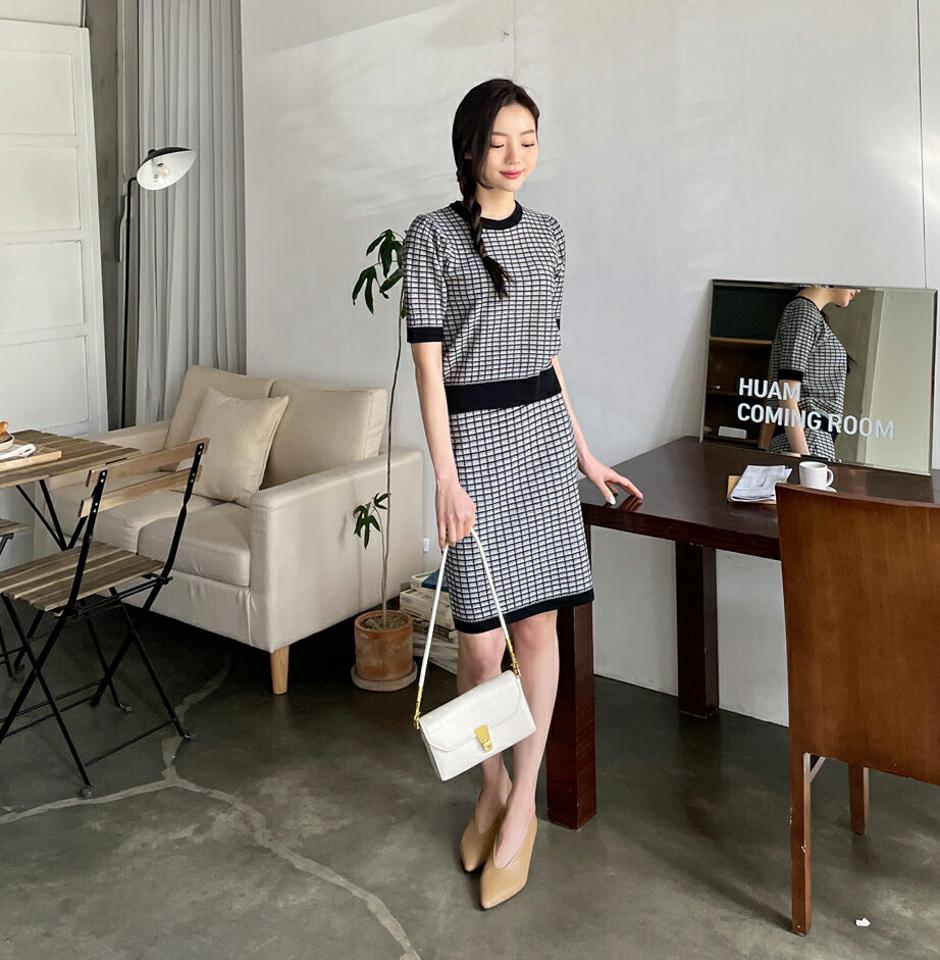 ツイード調半袖ニット&スカートSET・全4色・t64950 レディース 【ops】 韓国 ファッション ワンピース ミディ ミディワンピース 半袖 ツイード セットアップ ラウンドネック ハーフスリーブ ニットセット 体型カバー 細身 スリム カジュアル 春 夏