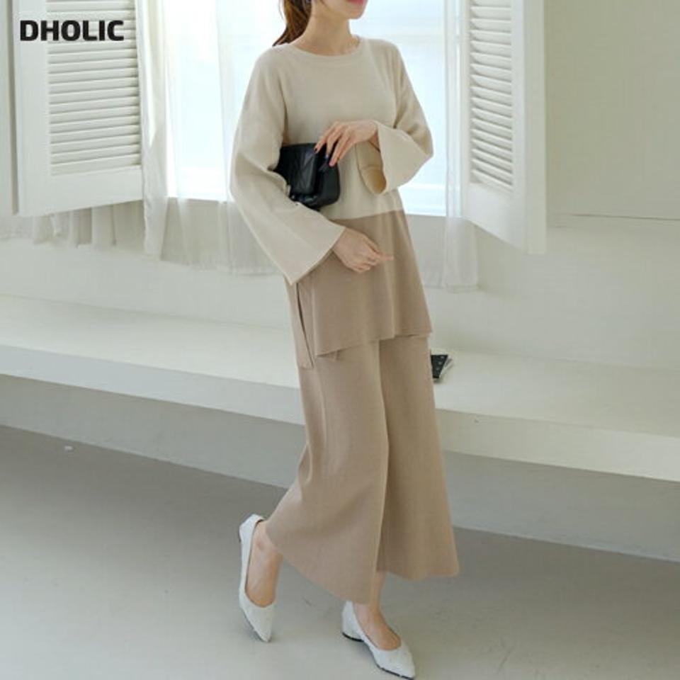 ツートーンニット&パンツSET・全3色・b67531 レディース 【pt】【セットアップ setup トップス ニット ニットトップス 長袖 パンツ ズボン ロングパンツ ツートーン 大人 モダン ニットアップ 春 秋 韓国 ファッション】【ハイホリHIHOLLI】