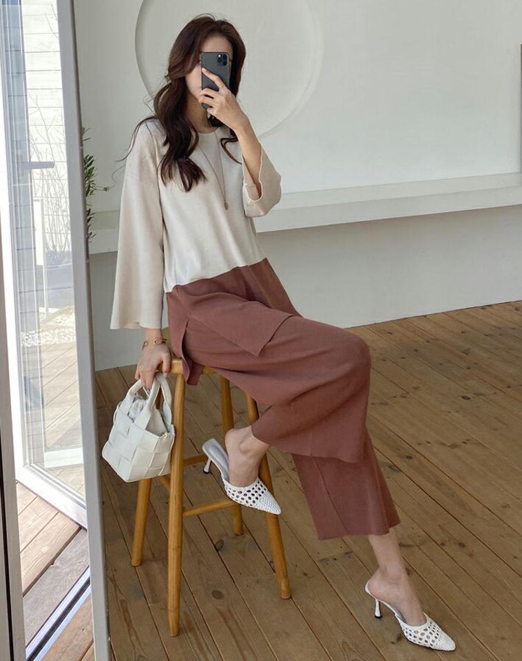 ツートーンニット&パンツSET・全3色・b67531 レディース 【pt】【セットアップ setup トップス ニット ニットトップス 長袖 パンツ ズボン ロングパンツ ツートーン 大人 モダン ニットアップ 春 秋 韓国 ファッション】【ハイホリHIHOLLI】