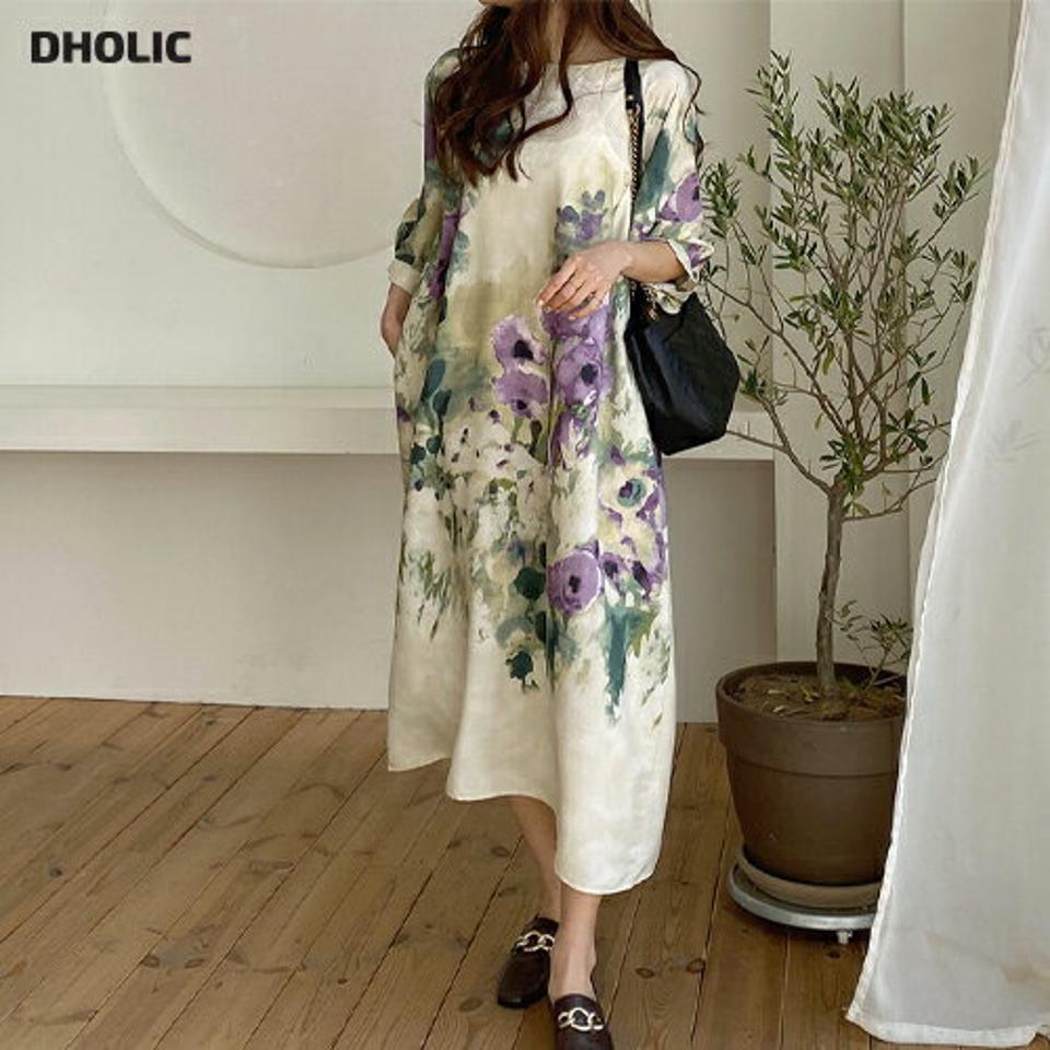 ストラップ付フローラルワンピース・全2色・b67528 レディース 【ops】【ワンピース ロング ロングワンピース 七分丈 七分袖 7分丈 7分袖 花柄 フラワー 大人 モダン 雰囲気 体型カバー ゆったり ルーズ 春 夏 秋 韓国 ファッション】【ハイホリHIHOLLI】