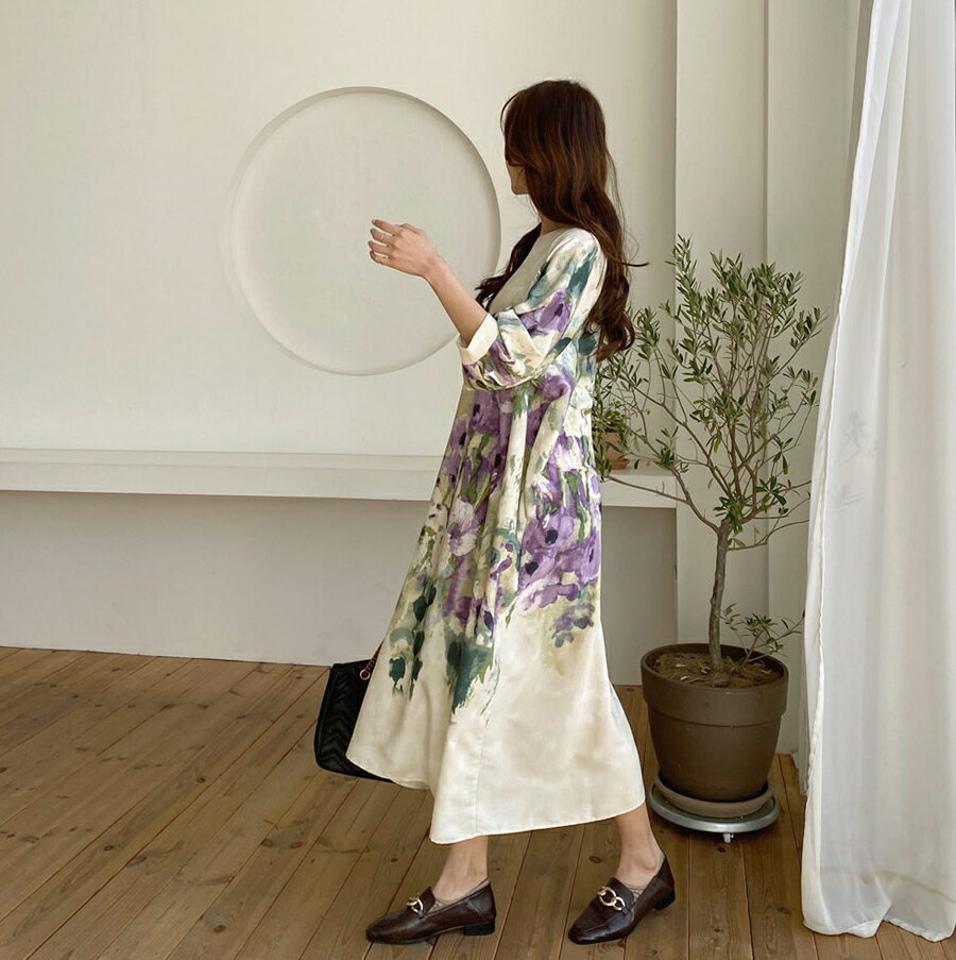 ストラップ付フローラルワンピース・全2色・b67528 レディース 【ops】【ワンピース ロング ロングワンピース 七分丈 七分袖 7分丈 7分袖 花柄 フラワー 大人 モダン 雰囲気 体型カバー ゆったり ルーズ 春 夏 秋 韓国 ファッション】【ハイホリHIHOLLI】