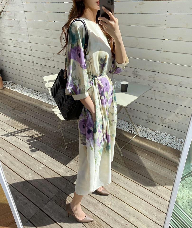 ストラップ付フローラルワンピース・全2色・b67528 レディース 【ops】【ワンピース ロング ロングワンピース 七分丈 七分袖 7分丈 7分袖 花柄 フラワー 大人 モダン 雰囲気 体型カバー ゆったり ルーズ 春 夏 秋 韓国 ファッション】【ハイホリHIHOLLI】