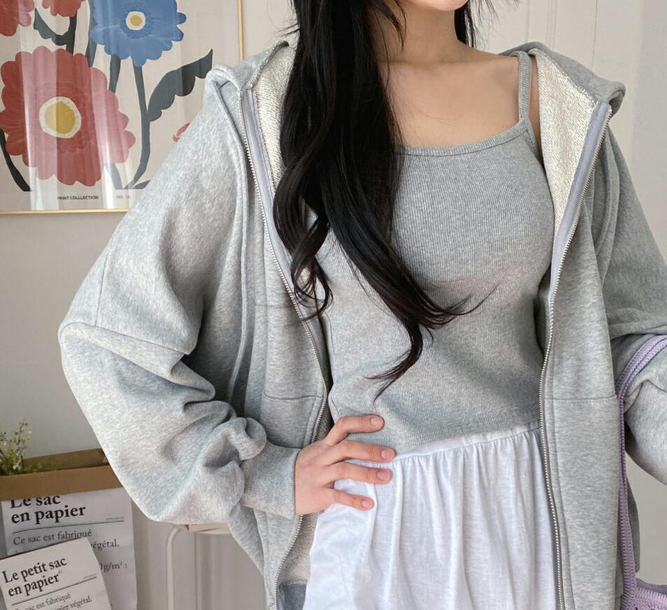 キャミ&フードジップアップSET・全4色・t63581 レディース 【tops】【韓国 ファッション トップス Tシャツ 長袖 キャミ フード カジュアル セット フードジップアップ スクエアネック スリム フィット クロップド丈 体型カーバー 春 夏】【NIJU】