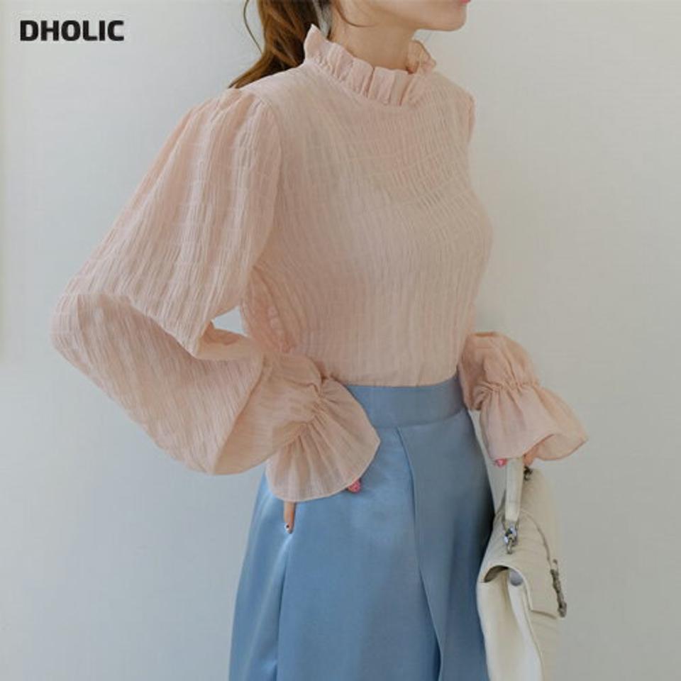 フリルネックリンクルブラウス・全3色・t67529 レディース 【bl】【トップス ブラウス 長袖 リンクル フリルネック フリル 袖コンシャス フェミニン 可愛い かわいい ハーフネック 春 秋 韓国 ファッション】【ハイホリHIHOLLI】