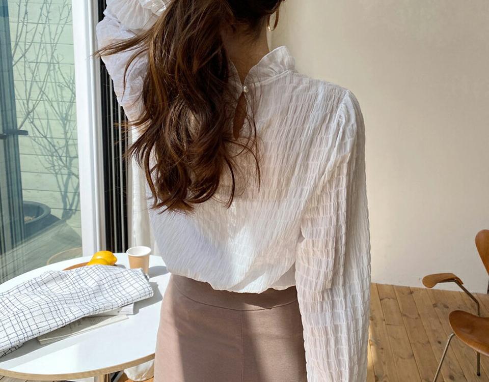 フリルネックリンクルブラウス・全3色・t67529 レディース 【bl】【トップス ブラウス 長袖 リンクル フリルネック フリル 袖コンシャス フェミニン 可愛い かわいい ハーフネック 春 秋 韓国 ファッション】【ハイホリHIHOLLI】