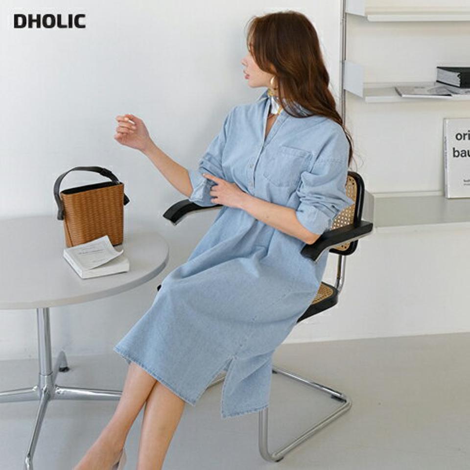 デニムシャツワンピース・全2色・t67536 レディース 【ops】【ワンピース ミディ丈 ミディワンピース デニム デニムワンピース シャツワンピース シンプル カジュアル 長袖 春 秋 韓国 ファッション】【ハイホリHIHOLLI】