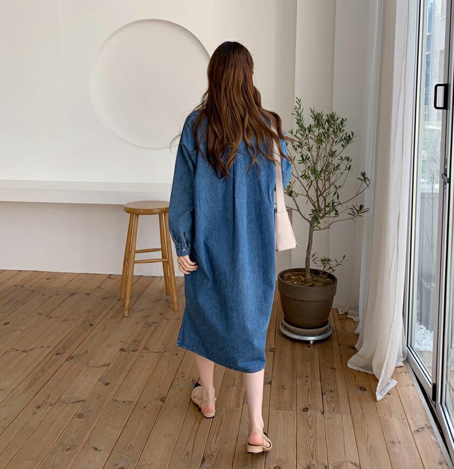 デニムシャツワンピース・全2色・t67536 レディース 【ops】【ワンピース ミディ丈 ミディワンピース デニム デニムワンピース シャツワンピース シンプル カジュアル 長袖 春 秋 韓国 ファッション】【ハイホリHIHOLLI】
