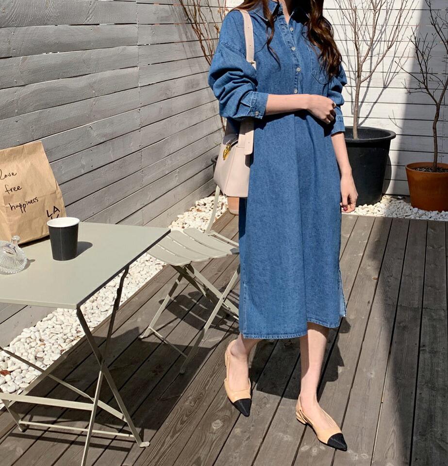 デニムシャツワンピース・全2色・t67536 レディース 【ops】【ワンピース ミディ丈 ミディワンピース デニム デニムワンピース シャツワンピース シンプル カジュアル 長袖 春 秋 韓国 ファッション】【ハイホリHIHOLLI】