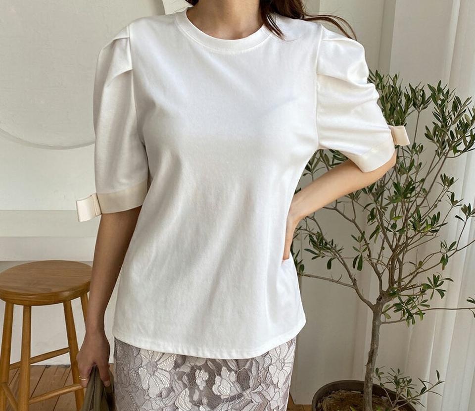 リボンパフスリーブTシャツ・全3色・t67526 レディース 【tops】トップス Tシャツ 半袖 ハーフスリーブ リボン りぼん パフ袖 パフスリーブ タック フェミニン 可愛い かわいい 女の子 春 夏 秋 韓国ファッション ハイホリHIHOLLI