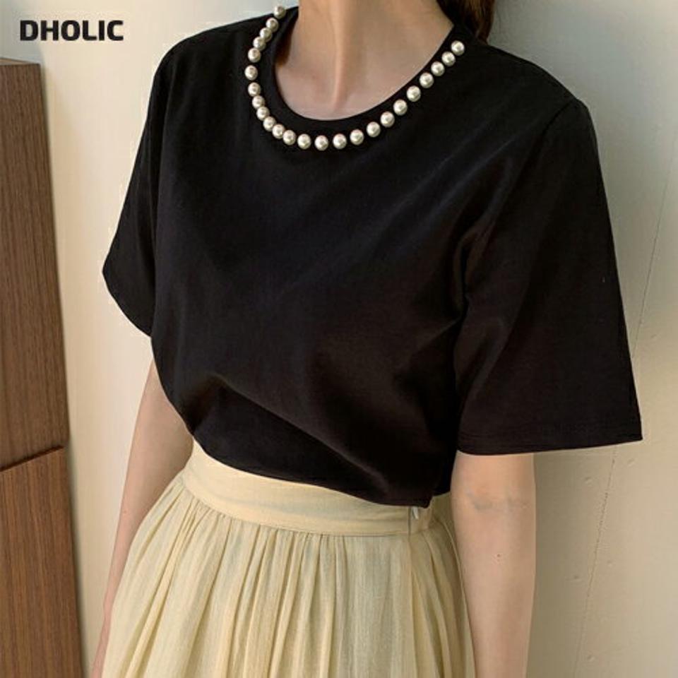 ネックフェイクパールTシャツ・全4色・b67522 レディース 【tops】【トップス Tシャツ 半袖 ハーフスリーブ パール 上品 シンプル 無地 かわいい 可愛い 春 夏 秋 韓国 ファッション】【ハイホリHIHOLLI】