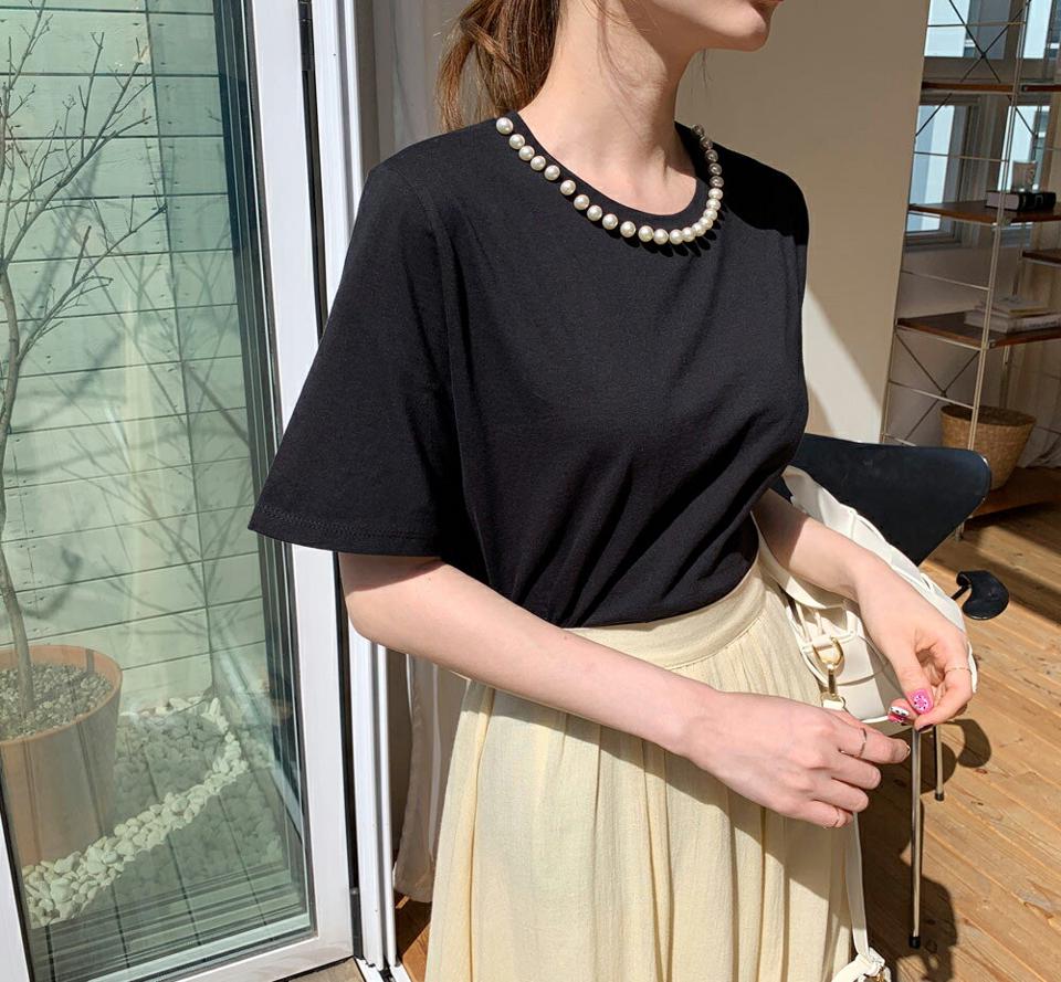 ネックフェイクパールTシャツ・全4色・b67522 レディース 【tops】【トップス Tシャツ 半袖 ハーフスリーブ パール 上品 シンプル 無地 かわいい 可愛い 春 夏 秋 韓国 ファッション】【ハイホリHIHOLLI】