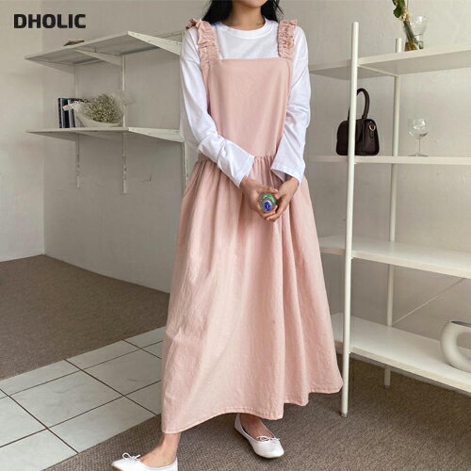 フリルスリーブレスワンピース・全3色・b63674 レディース 【ops】【韓国 ファッション ワンピース ロング ロングワンピース フリル スリーブレス キャミワンピース キャミソール スクエアネック ギャザー フレア 体型カバー 春 夏】【NIJU】