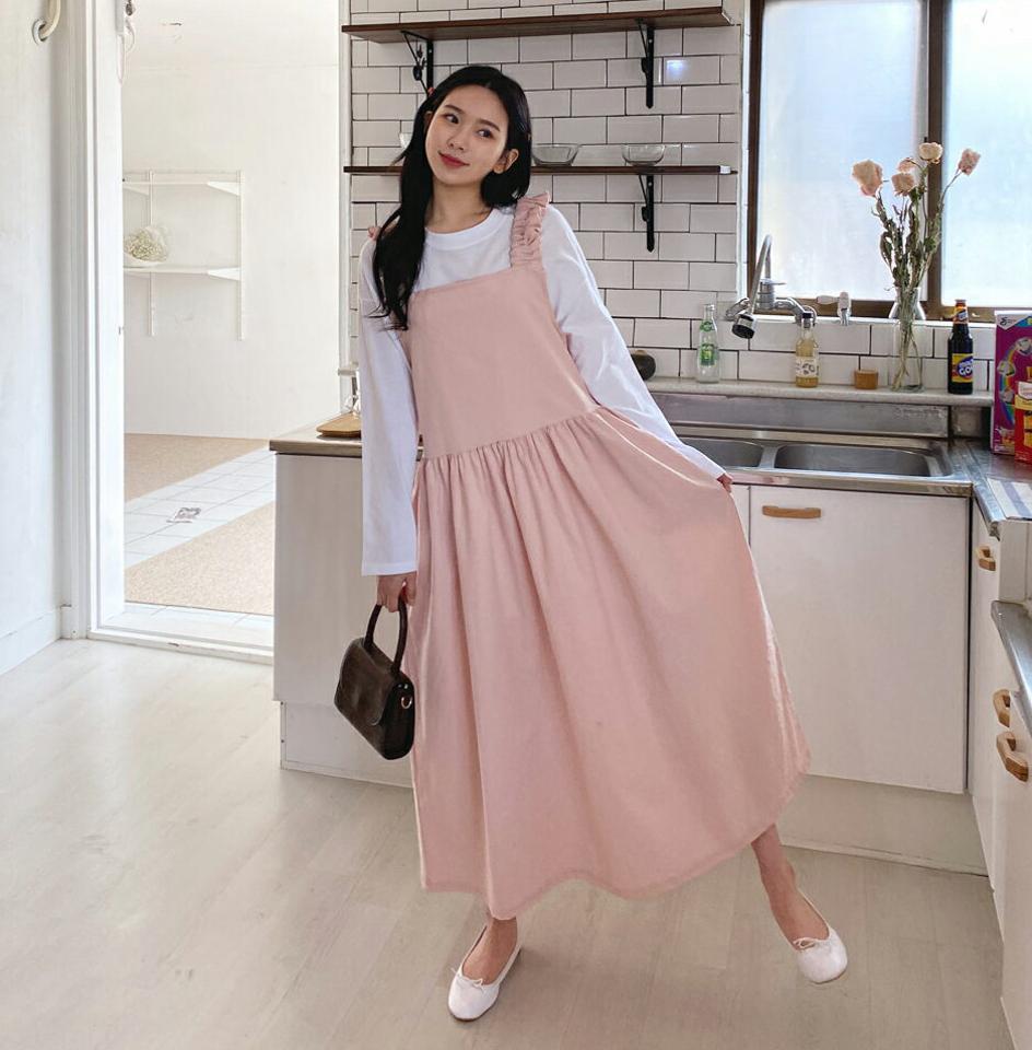 フリルスリーブレスワンピース・全3色・b63674 レディース 【ops】【韓国 ファッション ワンピース ロング ロングワンピース フリル スリーブレス キャミワンピース キャミソール スクエアネック ギャザー フレア 体型カバー 春 夏】【NIJU】