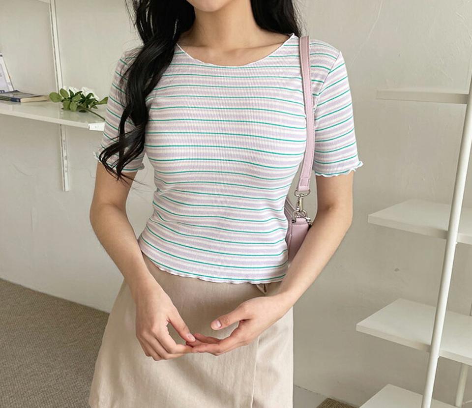 ウェーブマルチボーダーTシャツ・全4色・t63663 レディース 【tops】【韓国 ファッション トップス Tシャツ 半袖 ラウンドネック ウェーブ ボーダー フェミニン パターン 配色 ショートスリーブ クロップド カジュアル 体型カーバー 春 夏】【NIJU】