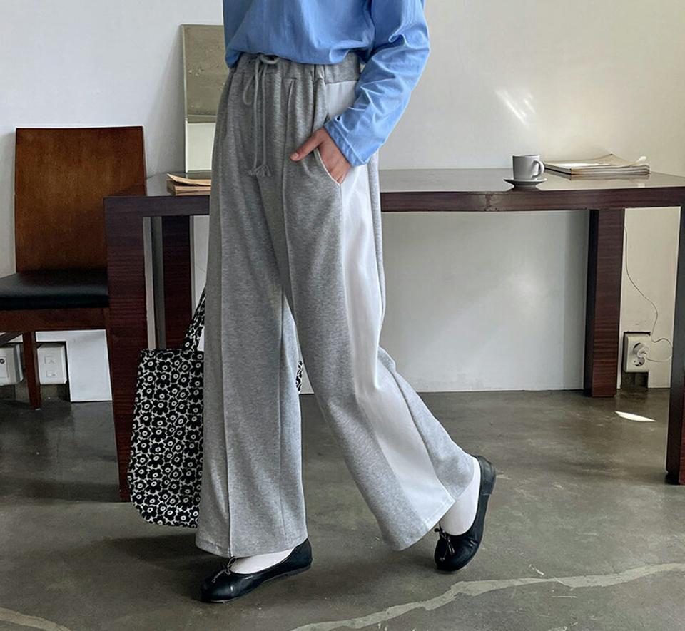 配色ドロストワイドパンツ・全4色・b63666 レディース 【pt】【韓国 ファッション ボトムス パンツ ロング ロングパンツ 配色 ワイドパンツ ウエストゴム ストリング センタープレス 10分丈 十分丈 カジュアル デイリー 春 夏】【NIJU】