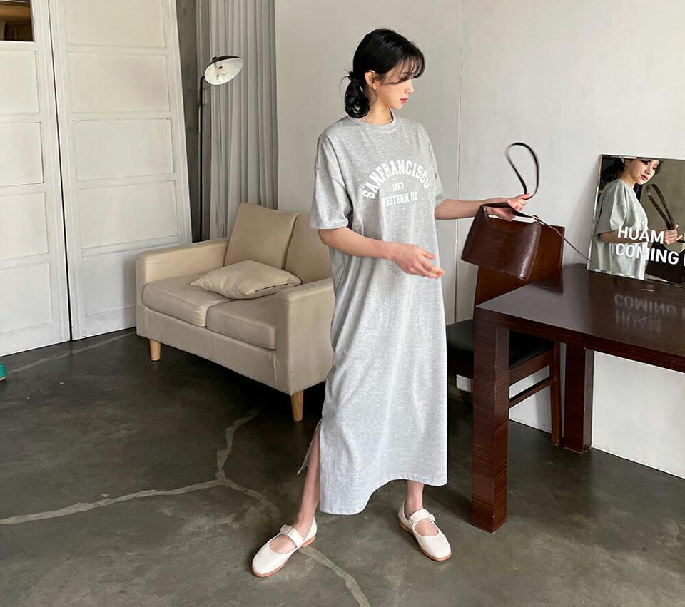 レタリングTシャツワンピース・全3色・b63673 レディース 【ops】【韓国 ファッション ワンピース ロング ロングワンピース 半袖 レタリング Tシャツワンピース ラウンドネック ハーフスリーブ Hライン カジュアル フェミニン 体型カバー 春 夏】【NIJU】