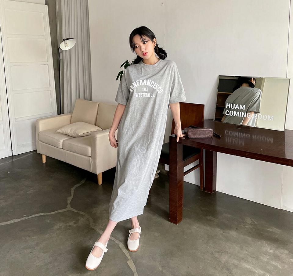 レタリングTシャツワンピース・全3色・b63673 レディース 【ops】【韓国 ファッション ワンピース ロング ロングワンピース 半袖 レタリング Tシャツワンピース ラウンドネック ハーフスリーブ Hライン カジュアル フェミニン 体型カバー 春 夏】【NIJU】