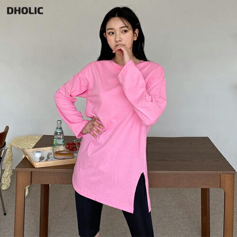 ボクシースリットTシャツ・全5色・b63665 レディース 【tops】【韓国 ファッション トップス Tシャツ 長袖 ラウンドネック スリット 無地 ベーシック デイリー カジュアル 体型カーバー 春 夏】【NIJU】