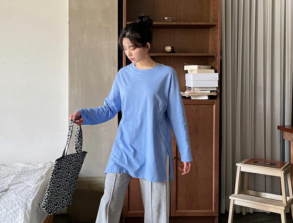 ボクシースリットTシャツ・全5色・b63665 レディース 【tops】【韓国 ファッション トップス Tシャツ 長袖 ラウンドネック スリット 無地 ベーシック デイリー カジュアル 体型カーバー 春 夏】【NIJU】