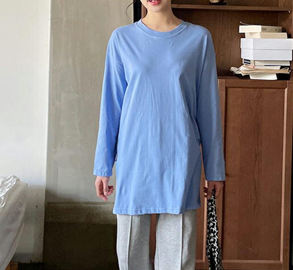 ボクシースリットTシャツ・全5色・b63665 レディース 【tops】【韓国 ファッション トップス Tシャツ 長袖 ラウンドネック スリット 無地 ベーシック デイリー カジュアル 体型カーバー 春 夏】【NIJU】