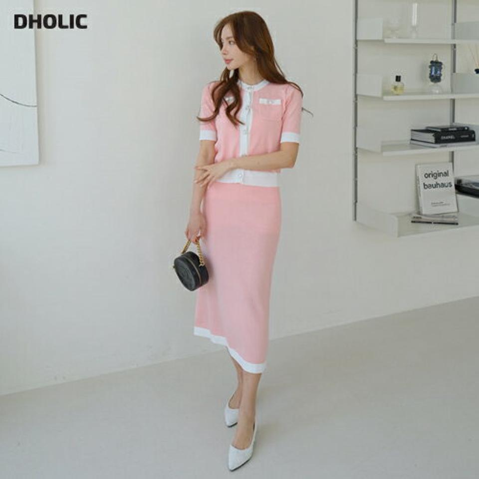 配色半袖ニット&スカートSET・全3色・t67532 レディース 【sk】【セットアップ setup トップス ニット 半袖 ハーフスリーブ 半袖ニット スカート ロングスカート 配色 大人 モダン 春 夏 秋 韓国 ファッション】【ハイホリHIHOLLI】