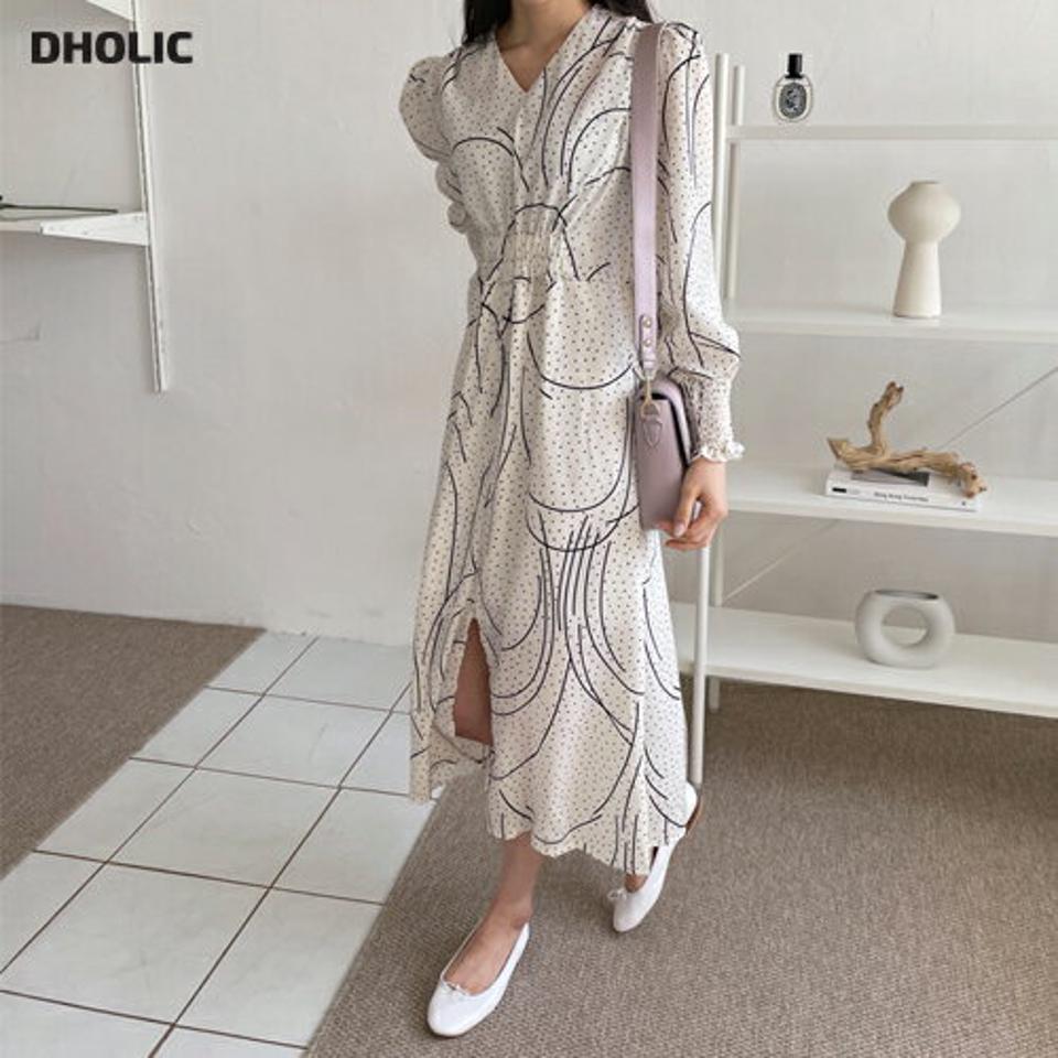 Vネックドットパターンワンピース・全2色・t64946 レディース 【ops】【韓国 ファッション ワンピース ロング ロングワンピース 長袖 Vネック ドット ユニーク パターン ウエストゴム シャーリング 体型カバー 細身 スリム カジュアル 春 夏】