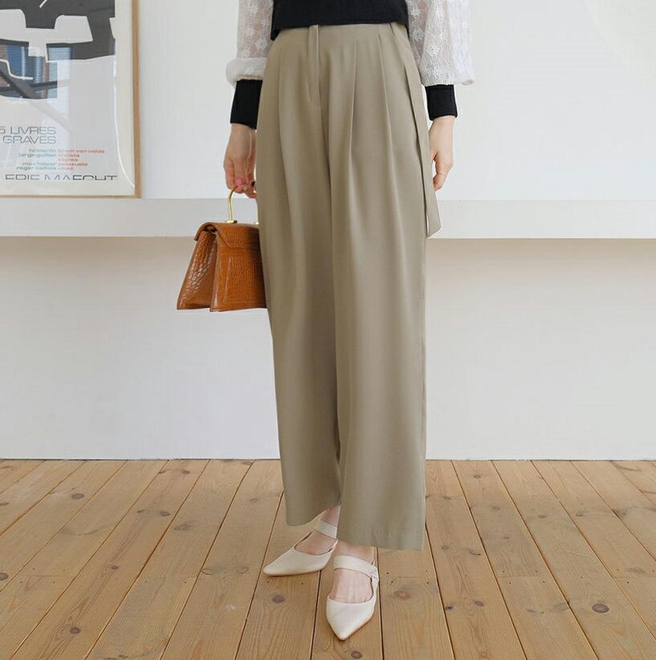 ベルト付ワイドスラックスパンツ・全4色・t67546 レディース 【pt】【スラックス パンツ ズボン ロングパンツ ワイドスラックス ワイド 単色 無地 シンプル ベーシック 大人 オフィスカジュアル 春 秋 韓国 ファッション】【ハイホリHIHOLLI】