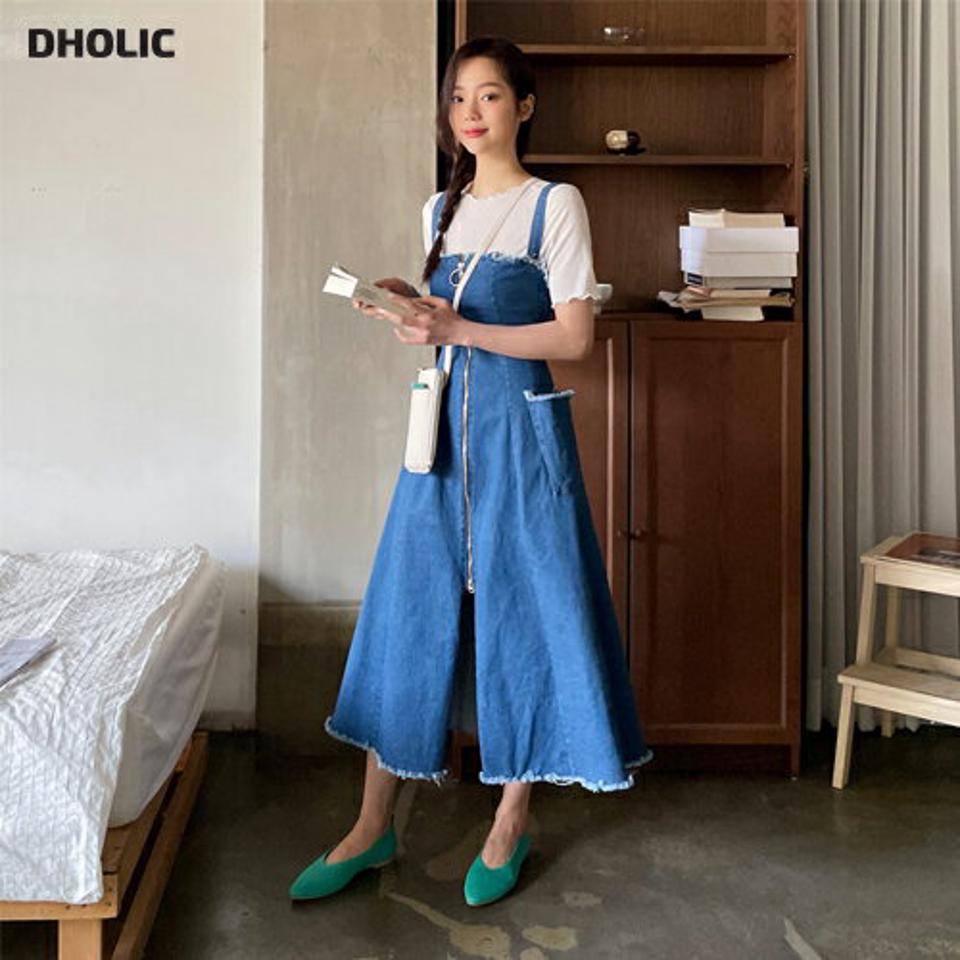 2WAYジップノースリワンピース・全2色・t64947 レディース 【ops】【韓国 ファッション ワンピース ロング ロングワンピース スリーブレス デニムワンピース デニム 2WAY リング付き フレア 体型カバー スクエアネック 細身 スリム カジュアル 春 夏】