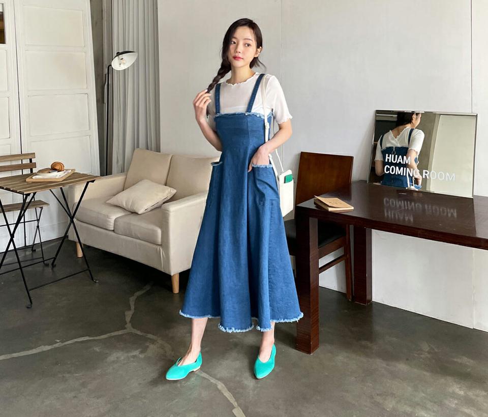 2WAYジップノースリワンピース・全2色・t64947 レディース 【ops】【韓国 ファッション ワンピース ロング ロングワンピース スリーブレス デニムワンピース デニム 2WAY リング付き フレア 体型カバー スクエアネック 細身 スリム カジュアル 春 夏】