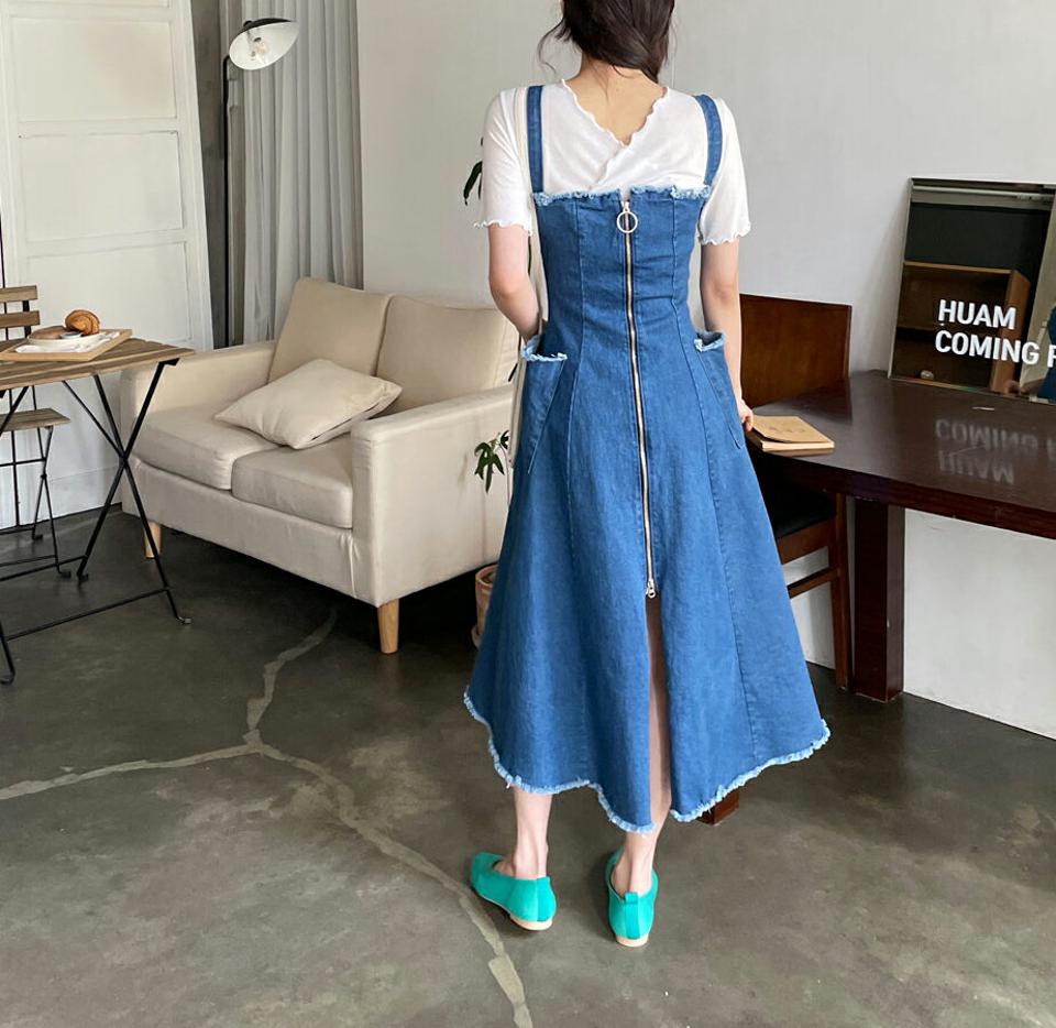 2WAYジップノースリワンピース・全2色・t64947 レディース 【ops】【韓国 ファッション ワンピース ロング ロングワンピース スリーブレス デニムワンピース デニム 2WAY リング付き フレア 体型カバー スクエアネック 細身 スリム カジュアル 春 夏】