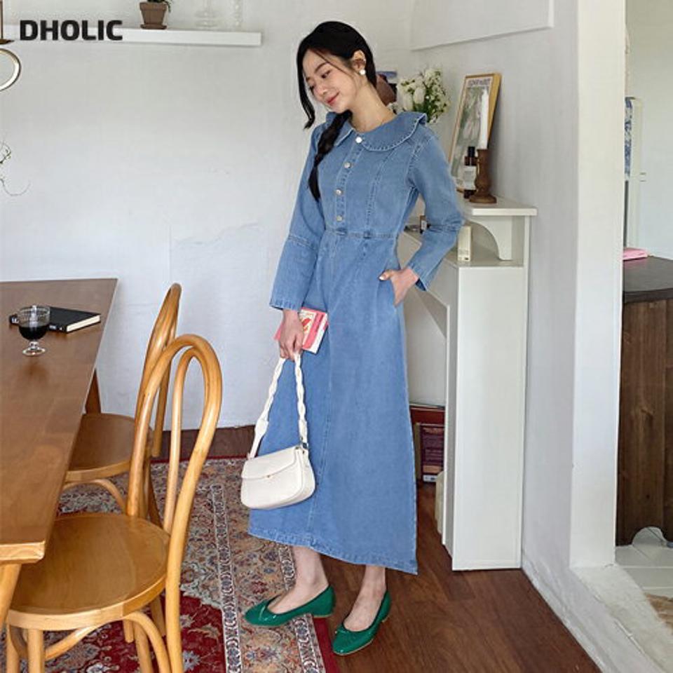 ラウンドカラーデニムワンピース・全1色・b57109 レディース 【ops】【韓国 ファッション ワンピース ロング ロングワンピース 長袖 ガーリー デニムワンピース ラウンドカラー ステッチ 体型カバー 細身 スリム カジュアル 春 夏】