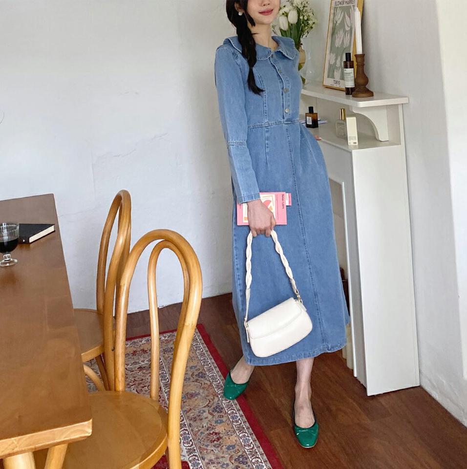 ラウンドカラーデニムワンピース・全1色・b57109 レディース 【ops】【韓国 ファッション ワンピース ロング ロングワンピース 長袖 ガーリー デニムワンピース ラウンドカラー ステッチ 体型カバー 細身 スリム カジュアル 春 夏】