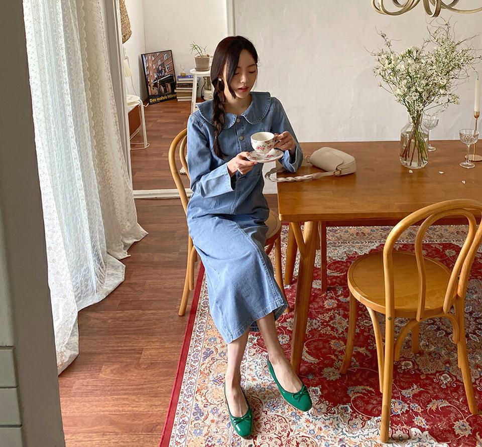 ラウンドカラーデニムワンピース・全1色・b57109 レディース 【ops】【韓国 ファッション ワンピース ロング ロングワンピース 長袖 ガーリー デニムワンピース ラウンドカラー ステッチ 体型カバー 細身 スリム カジュアル 春 夏】