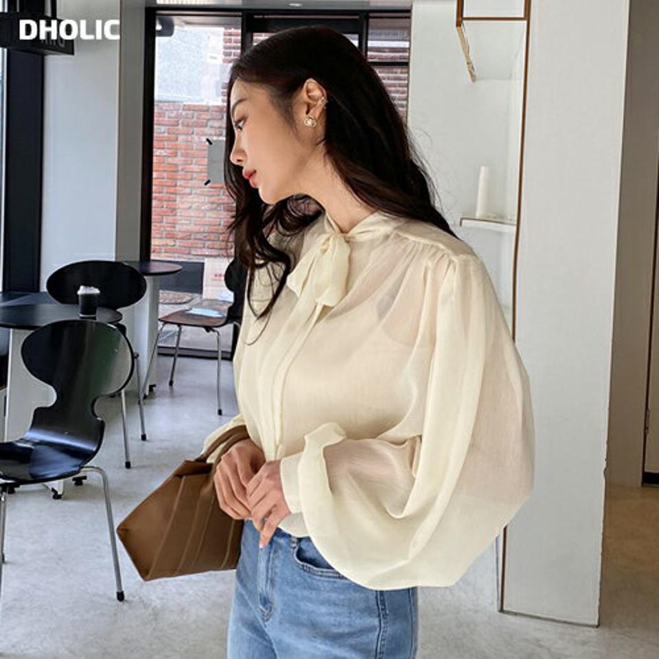 リボンシアーブラウス・全2色・t57084 レディース 【bl】【韓国 ファッション トップス ブラウス 長袖 上品 シースルー シースルーブラウス フェミニン ネックリボン リボン リンクル 透け感 春 夏】