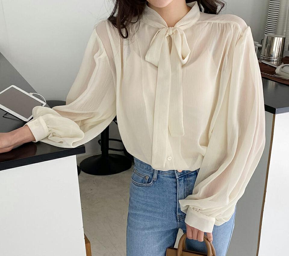 リボンシアーブラウス・全2色・t57084 レディース 【bl】【韓国 ファッション トップス ブラウス 長袖 上品 シースルー シースルーブラウス フェミニン ネックリボン リボン リンクル 透け感 春 夏】