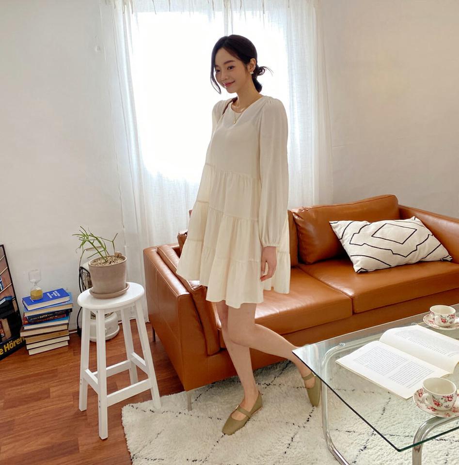 ティアードミニワンピース・全3色・t57107 レディース 【ops】 韓国 ファッション ワンピース ミニ ミニワンピース 長袖 ティアード ボリューミー ラウンドネック リンクル オールシーズン 体型カバー 春 夏