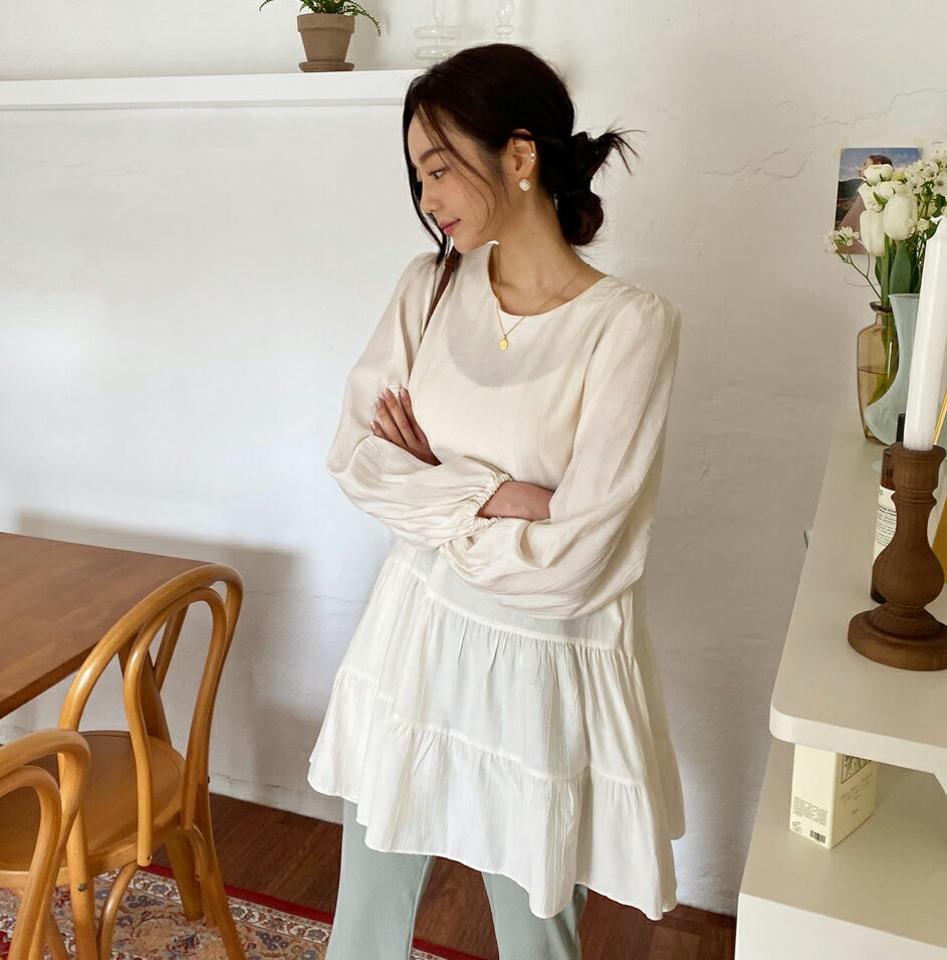 ティアードミニワンピース・全3色・t57107 レディース 【ops】 韓国 ファッション ワンピース ミニ ミニワンピース 長袖 ティアード ボリューミー ラウンドネック リンクル オールシーズン 体型カバー 春 夏