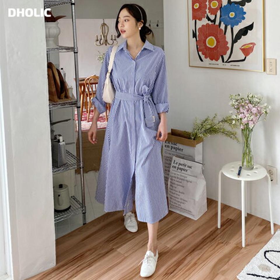 ベルト付ストライプシャツワンピース・全2色・b57108 レディース 【ops】【韓国 ファッション ワンピース ロング ロングワンピース 長袖 ストライプ パターン シャツワンピース フレア 体型カバー 細身 スリム カジュアル 春 夏】