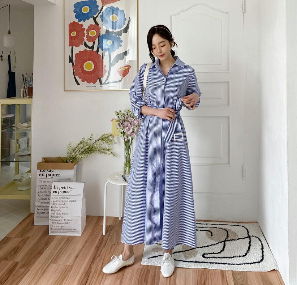 ベルト付ストライプシャツワンピース・全2色・b57108 レディース 【ops】【韓国 ファッション ワンピース ロング ロングワンピース 長袖 ストライプ パターン シャツワンピース フレア 体型カバー 細身 スリム カジュアル 春 夏】