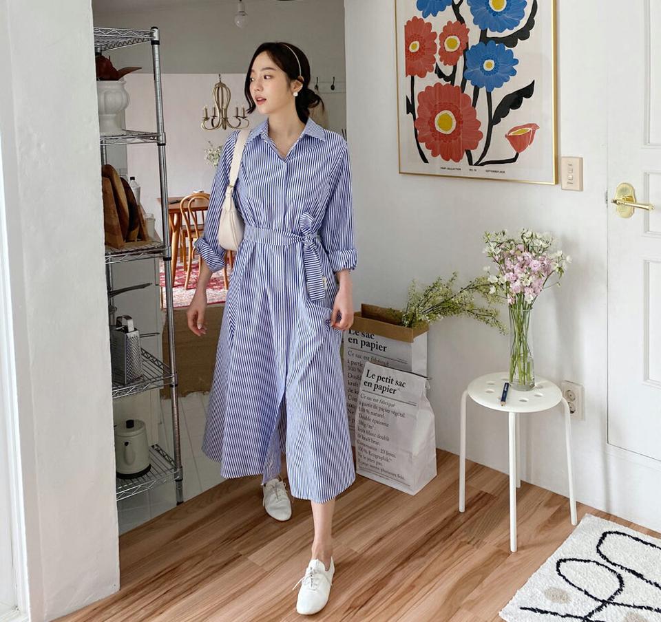 ベルト付ストライプシャツワンピース・全2色・b57108 レディース 【ops】【韓国 ファッション ワンピース ロング ロングワンピース 長袖 ストライプ パターン シャツワンピース フレア 体型カバー 細身 スリム カジュアル 春 夏】