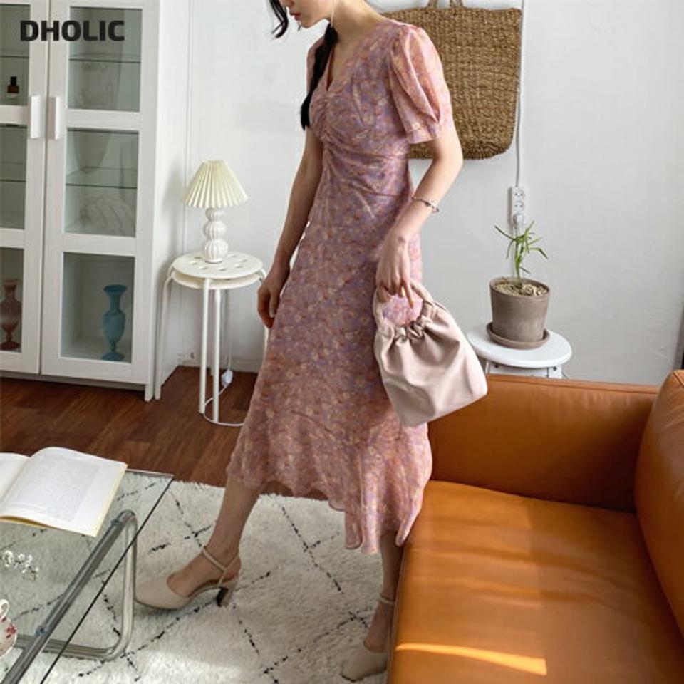 Vネック花柄ギャザーワンピース・全2色・t57090 レディース 【ops】【韓国 ファッション ワンピース ロング ロングワンピース 半袖 Vネック 花柄 フラワー リボン ギャザー パフスリーブ 体型カバー 細身 スリム カジュアル 春 夏】【fw】