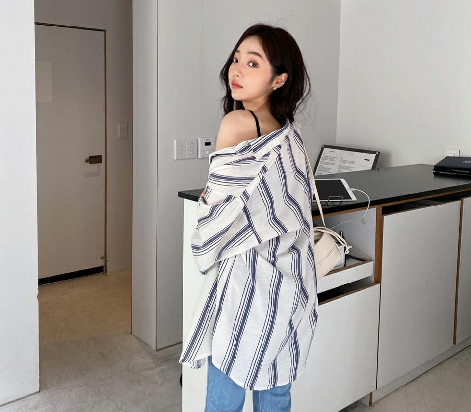 マルチストライプボクシーシャツ・全3色・t57106 レディース 【bl】【韓国 ファッション トップス シャツ 長袖 上品 ボクシー モダン ストライプ パターン ルーズ ゆったり フェミニン カジュアル デイリー 春 夏】