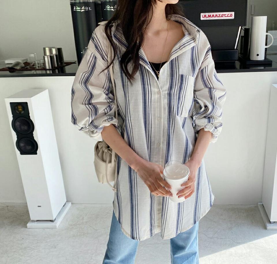 マルチストライプボクシーシャツ・全3色・t57106 レディース 【bl】【韓国 ファッション トップス シャツ 長袖 上品 ボクシー モダン ストライプ パターン ルーズ ゆったり フェミニン カジュアル デイリー 春 夏】