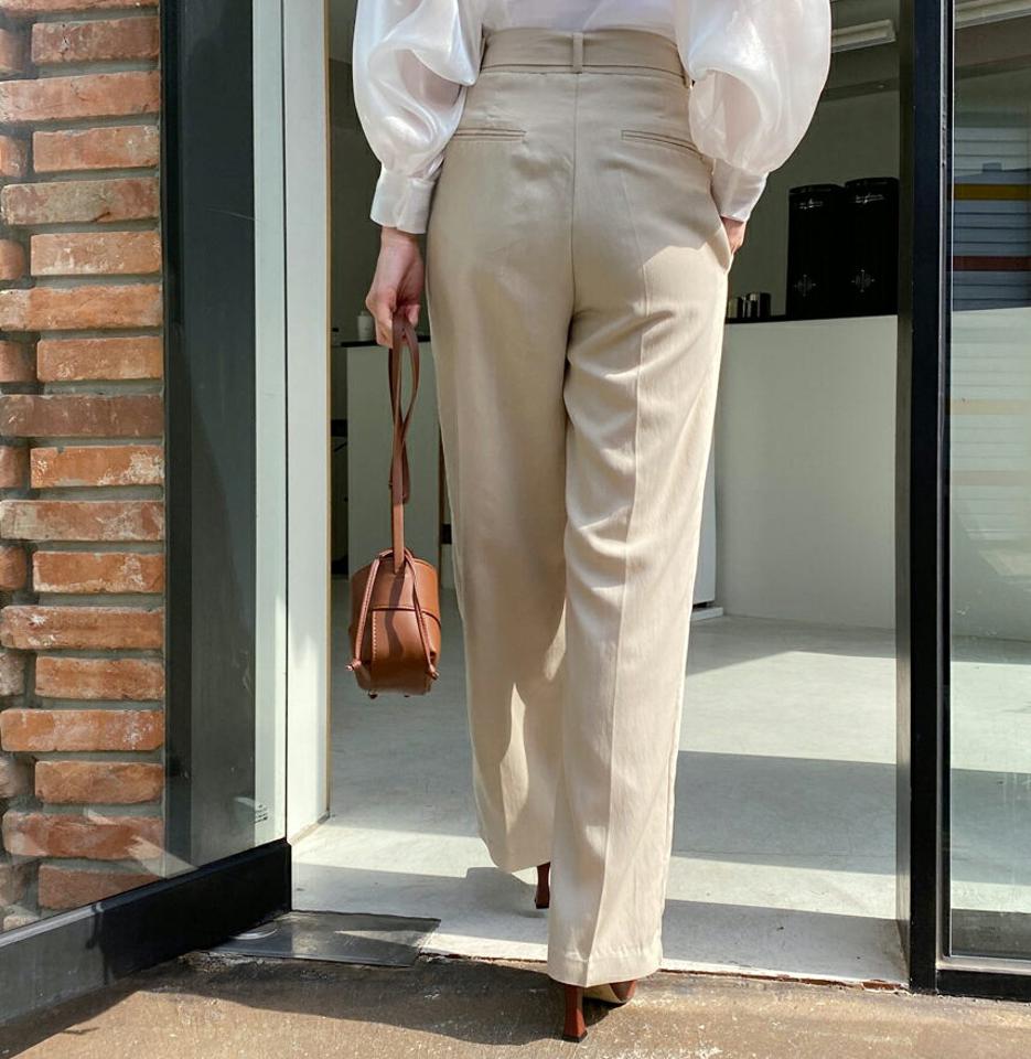 ベルト付ロングワイドスラックス・全3色・t57096 レディース 【pt】【韓国 ファッション ボトムス ロング ロングパンツ スラックス ワイドスラックス バックル ストレート 美脚 体型カーバー 10分丈 十分丈 カジュアル デイリー 春 夏】