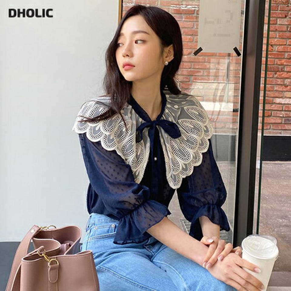 レースカラードットブラウス・全2色・b57105 レディース 【bl】【韓国 ファッション トップス ブラウス 長袖 上品 体型カバー シアードット レースカラー ネックリボン リボン フェミニン カジュアル デイリー 春 夏】