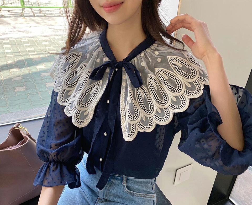 レースカラードットブラウス・全2色・b57105 レディース 【bl】【韓国 ファッション トップス ブラウス 長袖 上品 体型カバー シアードット レースカラー ネックリボン リボン フェミニン カジュアル デイリー 春 夏】