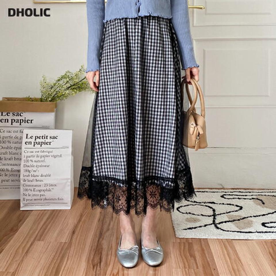 メッシュチェックスカート・全1色・b57094 レディース 【sk】【韓国 ファッション ボトムス スカート ロング ロングスカート メッシュ ボリューミー チェック パターン 揺れ感 体型カバー カジュアル デイリー 上品 春 夏】