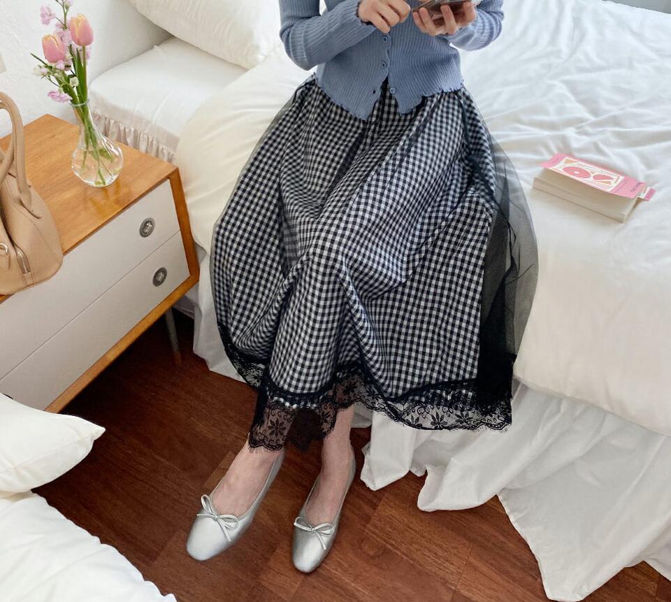 メッシュチェックスカート・全1色・b57094 レディース 【sk】【韓国 ファッション ボトムス スカート ロング ロングスカート メッシュ ボリューミー チェック パターン 揺れ感 体型カバー カジュアル デイリー 上品 春 夏】