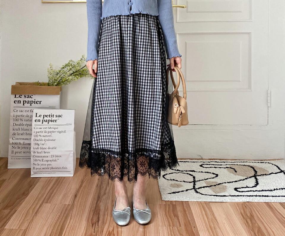 メッシュチェックスカート・全1色・b57094 レディース 【sk】【韓国 ファッション ボトムス スカート ロング ロングスカート メッシュ ボリューミー チェック パターン 揺れ感 体型カバー カジュアル デイリー 上品 春 夏】